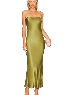 REVOLVE Strapless Olive Green Satin Gown